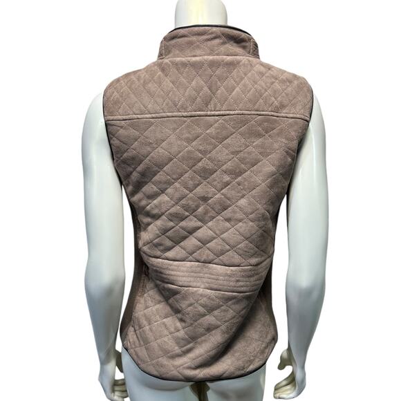 Quilted Vest Taupe Faux Suede Puffer Gold Hardware Ribbed Side Panels Size M - Picture 4 of 9